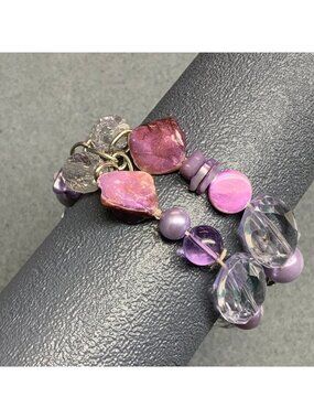 Beaded Double Stretch Bracelet 7 In As Is Purple Shell Pearl Silver Chain Retro